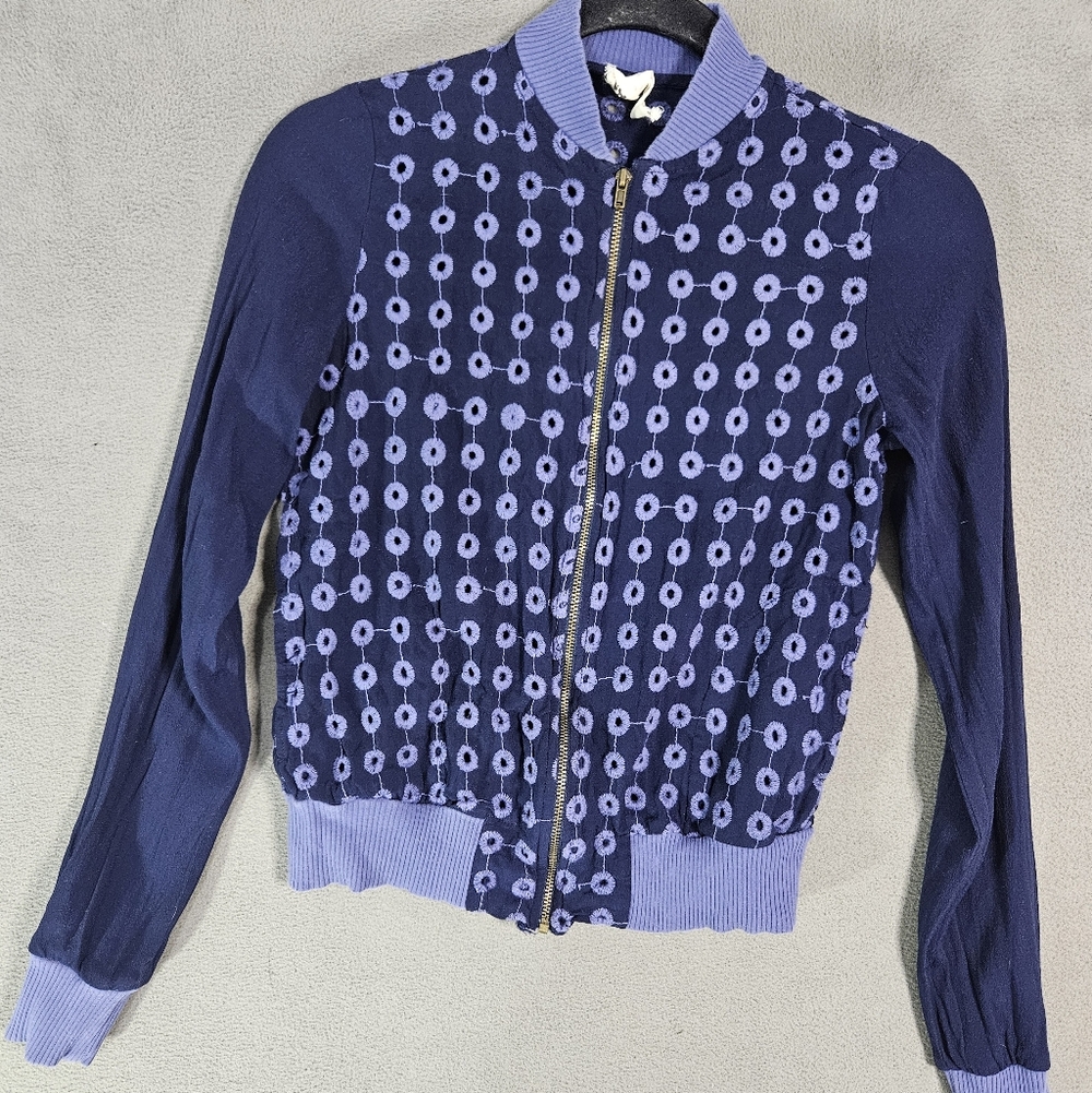 Anthropologie Amadi Bomber Jacket XS Blue Eyelet Embroidered Full Zip USA